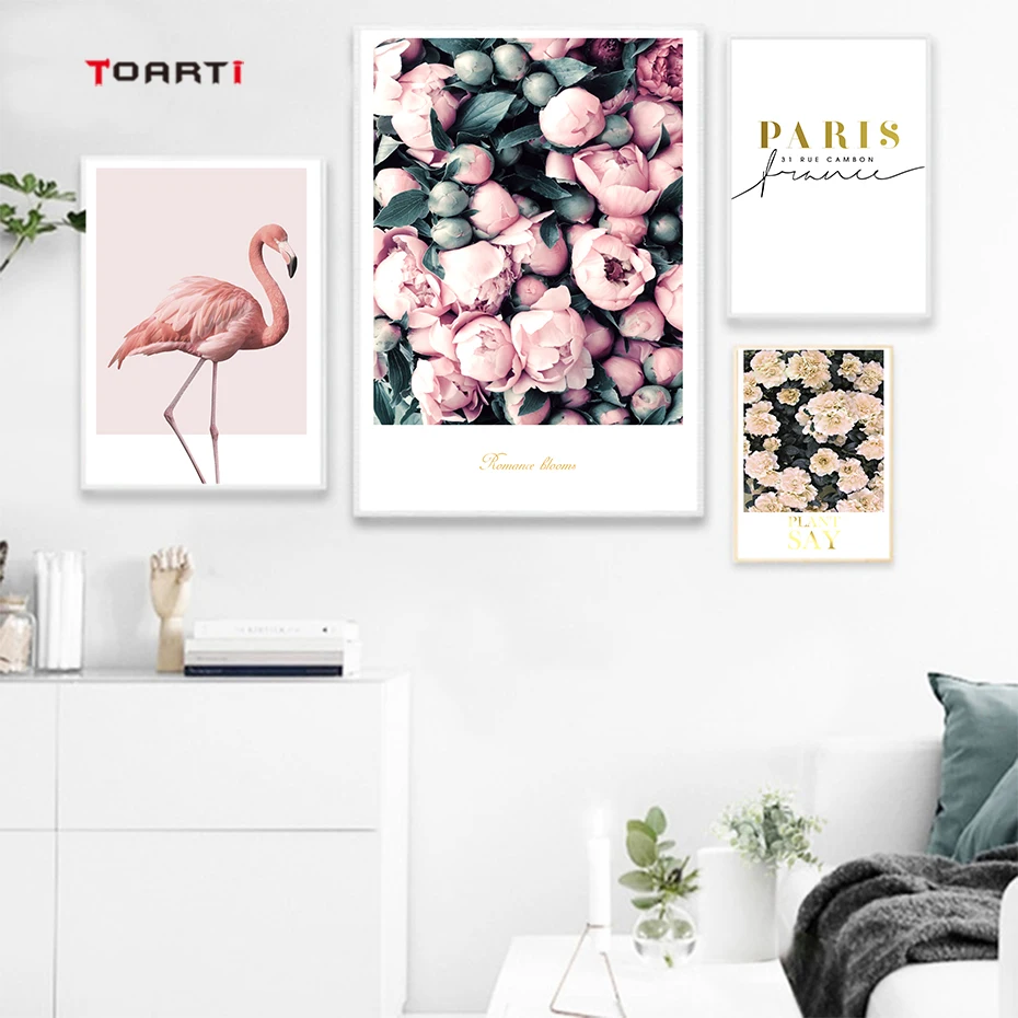 Modern Flowers Canvas Painting On The Wall Romantic Blooms Posters Prints Pink Flamingo Decorative Pictures For Living Room Home (4)