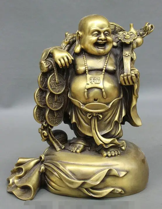 

S7229 10" Chinese Pure Bronze Happy Laug Maitreya Buddha Stand Wealth Bag Coin Statue D0318
