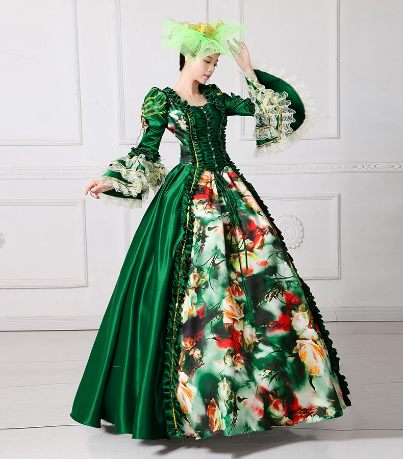 Королевский Зеленый с цветочным принтом платье Антуанетты Marie средневековой Civil War Southern Belle Бальные платья для женщин Reaction одежда