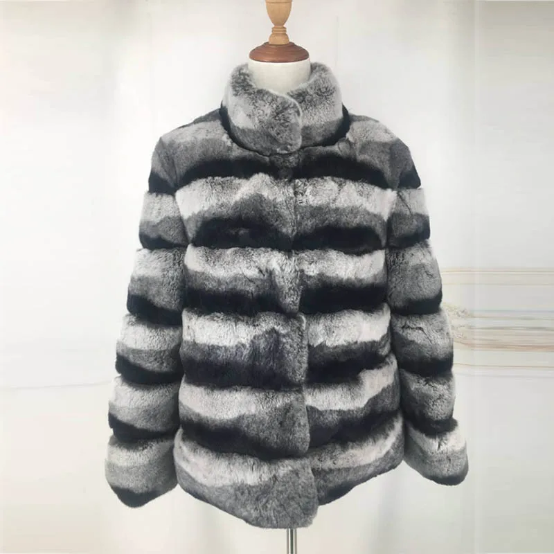 Real Fur With Nature Chinchilla Rex Rabbit Furs Women Fur Coat With Stand Collar Fashion Horizontal Stripes Rabbit Jackets 2018 Real Fur With Nature Chinchilla Rex Rabbit Furs Women Fur Coat With Stand Collar Fashion Horizontal Stripes Rabbit Jackets 2018