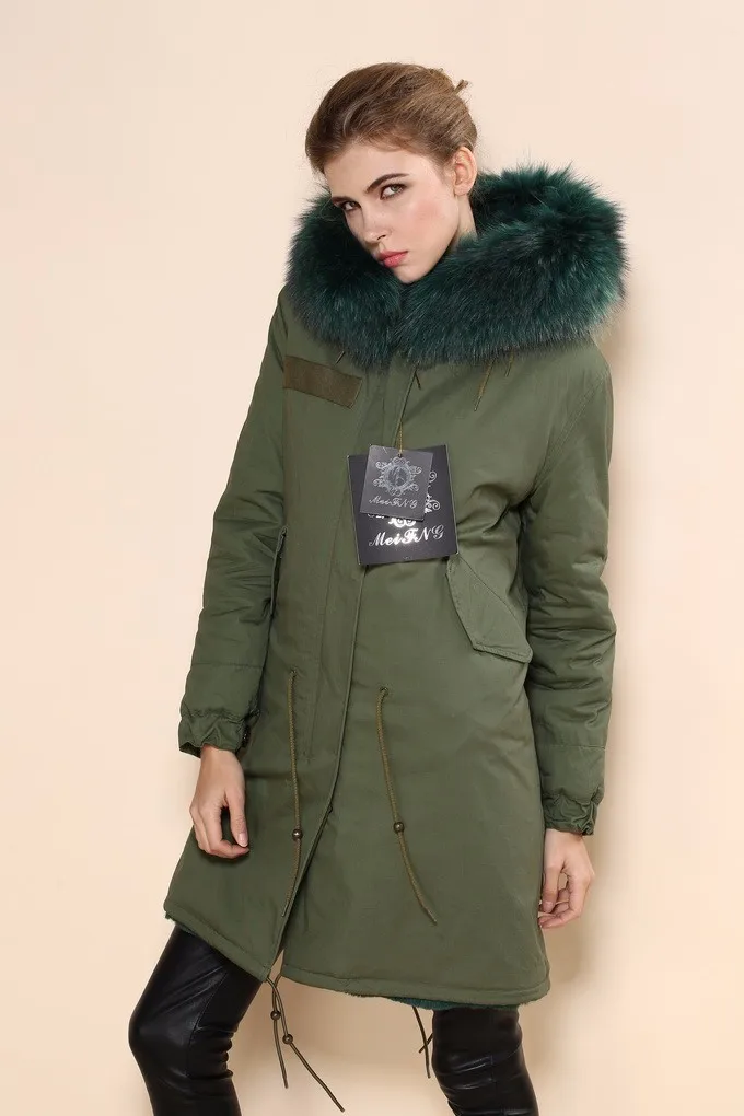 Лидер продаж, Высококачественная женская куртка из чистого хлопка темно-зеленого цвета, пальто с капюшоном из натурального меха енота для дам