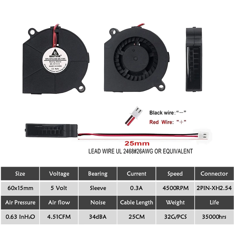5 шт. Gdstime DC 5 в 60 мм 60 мм x 15 мм вентилятор охлаждения 6 см 6015 турбинный вентилятор 2PIN бесщеточный Подшипник скольжения вентилятор