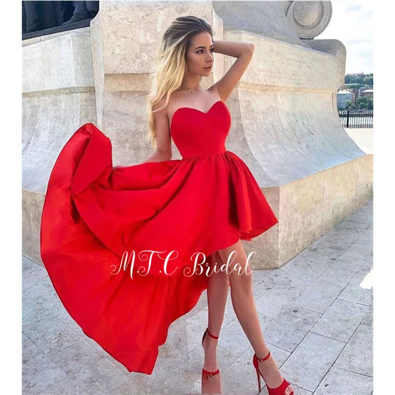

Charming Red Long Evening Dress High Low Style Sweetheart Floor Length Satin Wedding Party Dresses 2019 Cheap Vestido De Festa