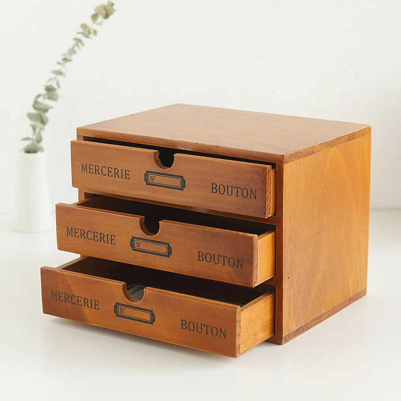 Retro Wooden Storage Box Home Office Desktop 4 layer Drawer Ornaments ...