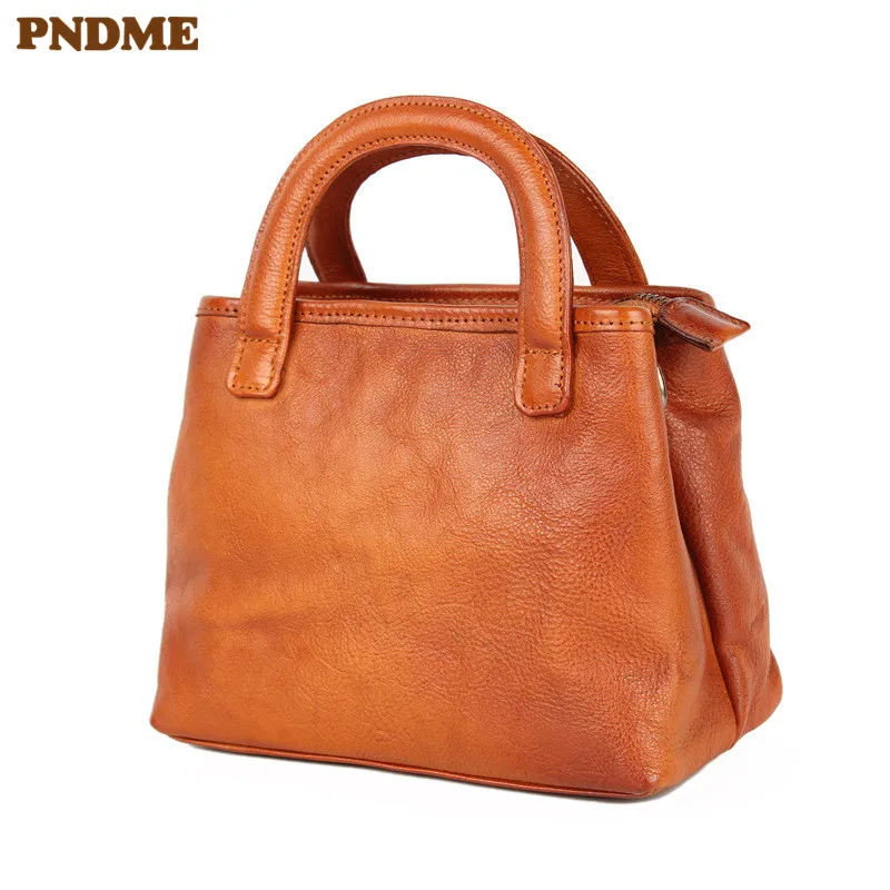 

PNDME retro genuine leather ladies handbag casual simple soft first layer cowhide brown women's shoulder messenger bags tote bag