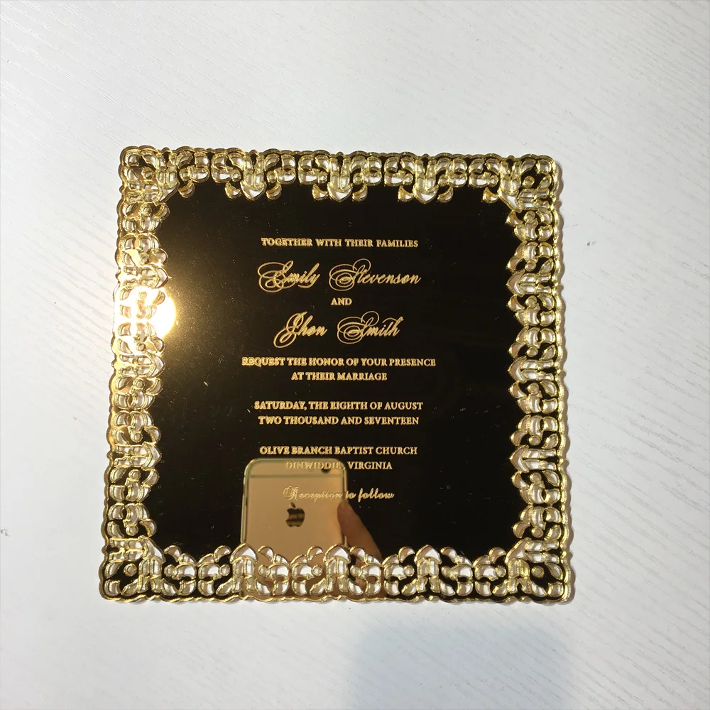  Romantic Luxury 150x150mm Square Shape Hollow Out Pattern Golden Mirror Acrylic Wedding Invitations - 32826509602
