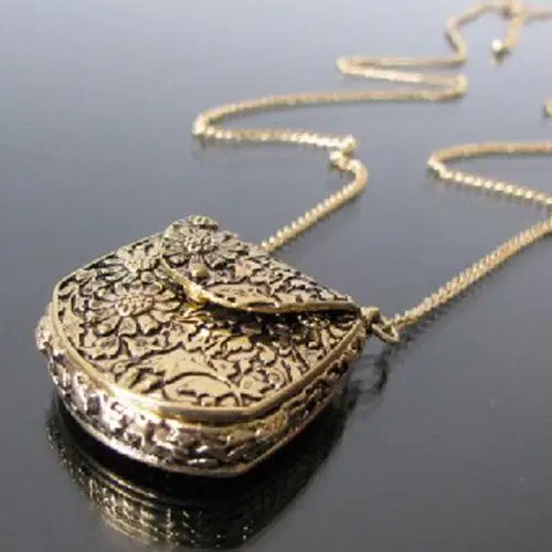 

Vintage Bag Shape Carved Bronze Locket Pendant Long Chain Sweater Necklace new