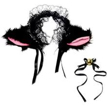 CQMF Косплей: Кружевная повязка на голову с кошачьими ушками и лента-черный