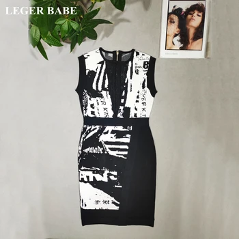 

LEGER BABE Women Summer Dress Sleeveless Mini Dress Print Dress Mesh Patchwork Stylish Bandage Dress Club Wear