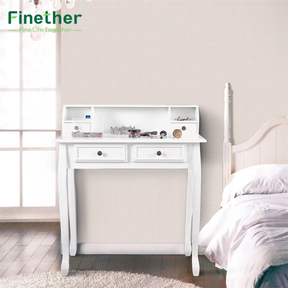 

Finether LANGRIA Makeup Dressing Table Storage Vanity with 4 Drawers 3 Open Storage Compartments Solid Rubberwood Legs white