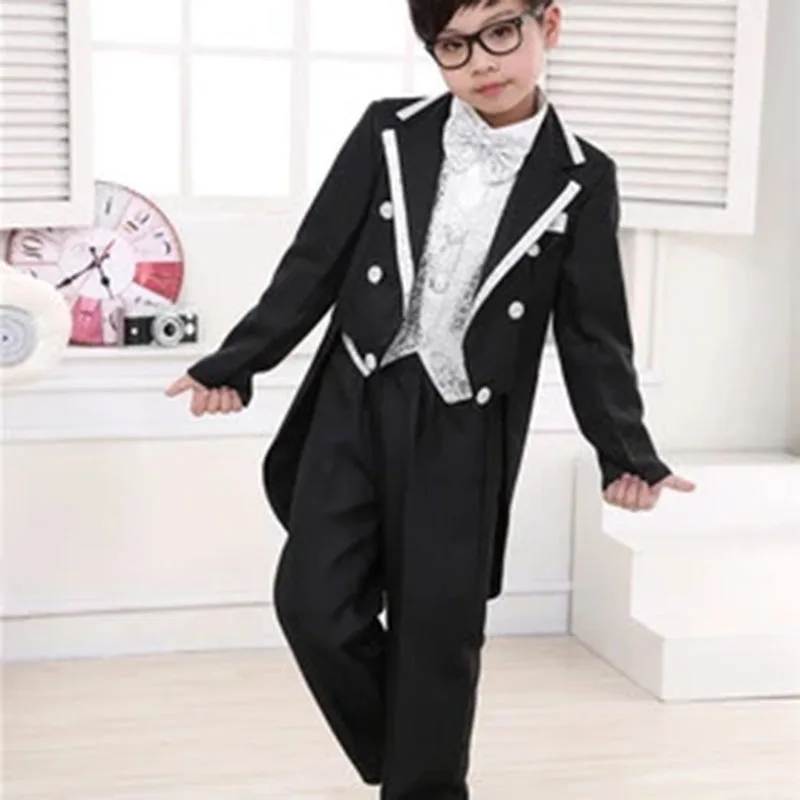 Children Chorus Conductor Men's Small Suit Black and White Tuxedo Host Piano Ballet Performance Costumes Five-piece Suit