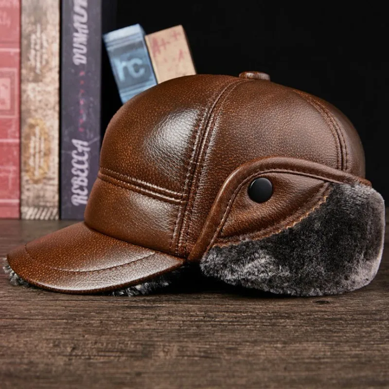 Günstige SILOQIN Echtem Leder Hut Plus Samt Verdicken Rindsleder Baseball Caps Für Männer Hysterese männer Kappe Winter Warme Ohrenschützer Dad hüte