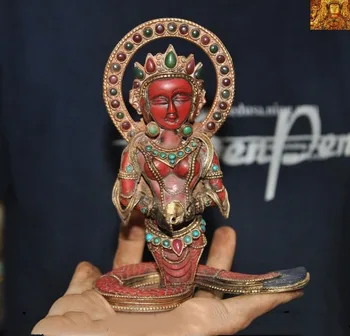 

wedding decoration Tibet Red Coral bronze 24k gold Gilt Inlay jade Snake fairy tara Kwan-Yin statue