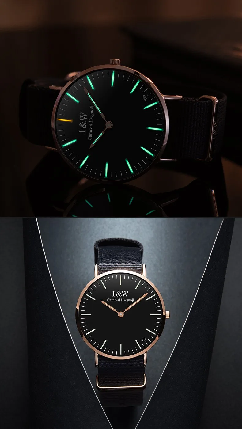 Модные Тритий часы Лидирующий бренд карнавал ультратонкие кварцевые часы для мужчин считываемый ход сапфир нейлон группа водонепроница