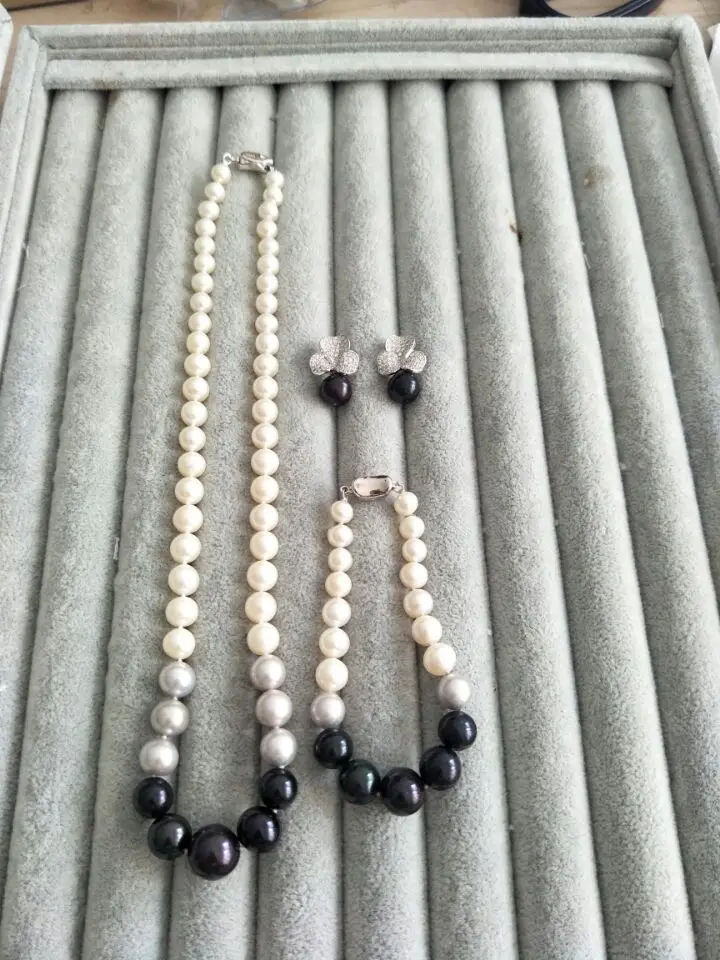 

MeiBaPJ 925 Sterling Silver 7-12 Nearround Pearl Gradient Jewelry Set Necklace Bracelet and Earrings Three-piece Suite for Women