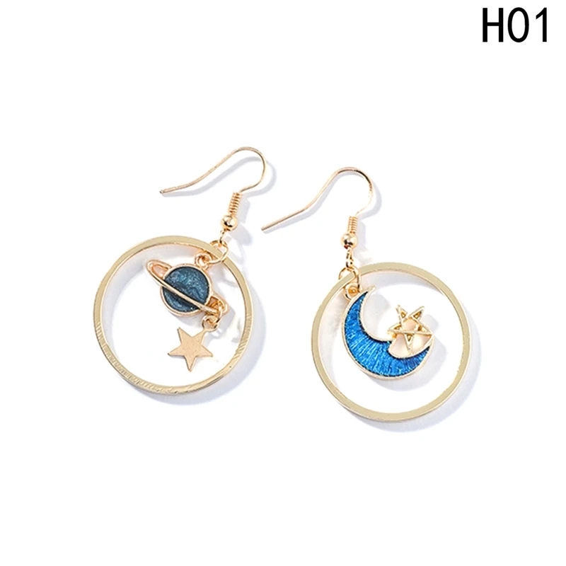 

zheFanku New Creative Blue Universe Asymmetric Earrings For Girl Ear Accessories Cute Moon Star Drop Earring