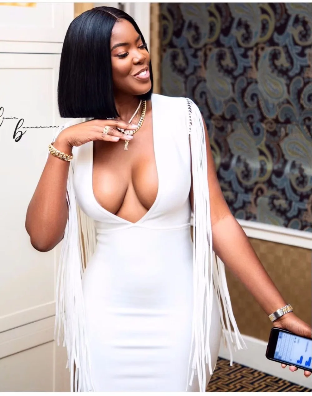 

New Arrival Ladies Sexy Deep V Neck Tassel White Bandage Dress 2018 Elegant Celebrity Party Dress