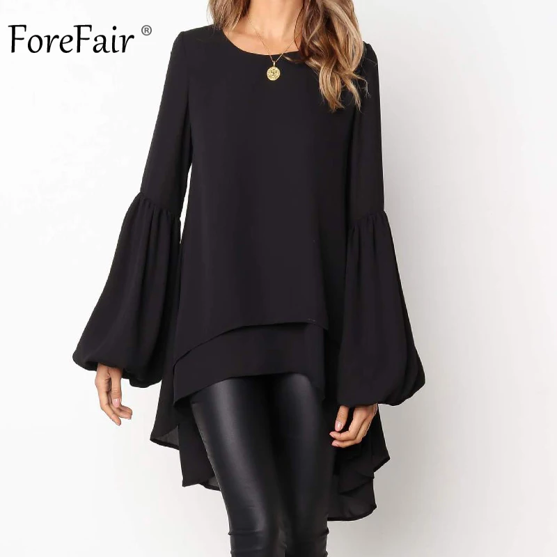 Forefair шифоновая блузка с рукавами-фонариками, женская блузка с длинным рукавом, модная Новая Элегантная офисная одежда размера плюс, длинная Зимняя Блузка - Цвет: Black