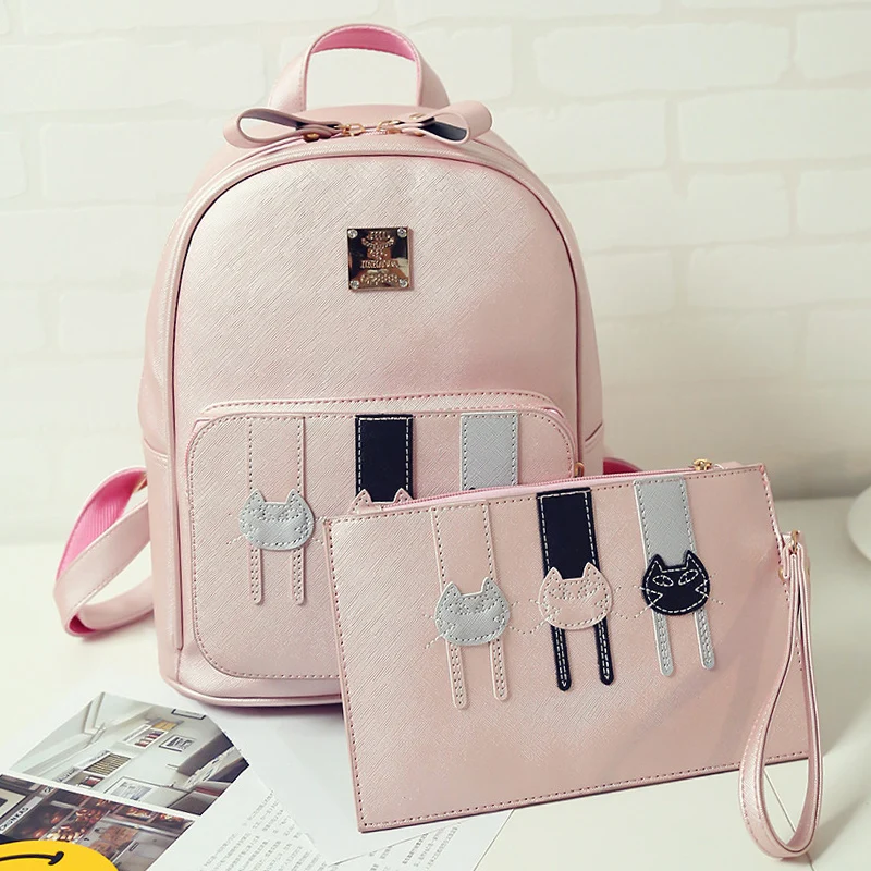 

2PCS Cute Cat School Backpack Bags Female Girl Women PU Leather Backpacks Black Shoulder Bags For Girl School Bags BP0007