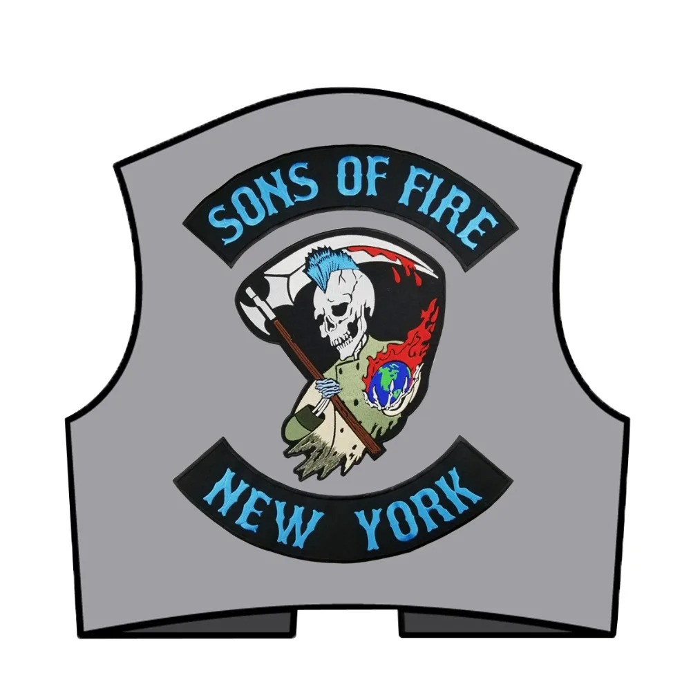 Детский мотоциклетный жилет с аппликацией SONS OF FIRE NEW YORK SKULL REAPER|biker mc|sons ofbiker mc patches |