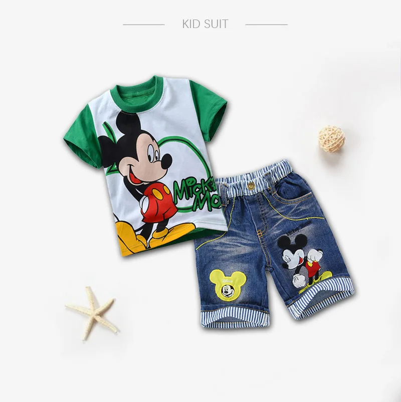 Одежда для маленьких мальчиков с Микки Маусом Детская летняя одежда с короткими рукавами с героями мультфильмов г. Новая стильная футболка и джинсы с дырками 2 шт., детская одежда для мальчиков