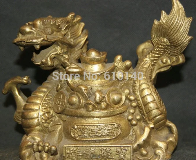 

6" Chinese Brass Zodiac Year Dragon treasure bowl Wealth Rich Success Statue