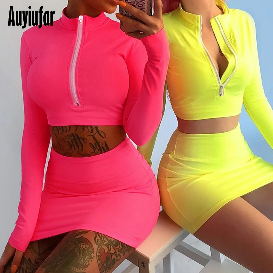 

Auyiufar Neon Yellow Women Set Zipper Top And Mini Skirt 2 Piece Set V-Neck Long Sleeve Cropped Skinny Casual Sets Female Suit