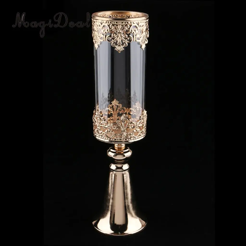Antique Gold Metal Pedestal Candle Holder with Glass Flower Vase Crystal Draped Pillar Stand Accent Display Ornament Gift