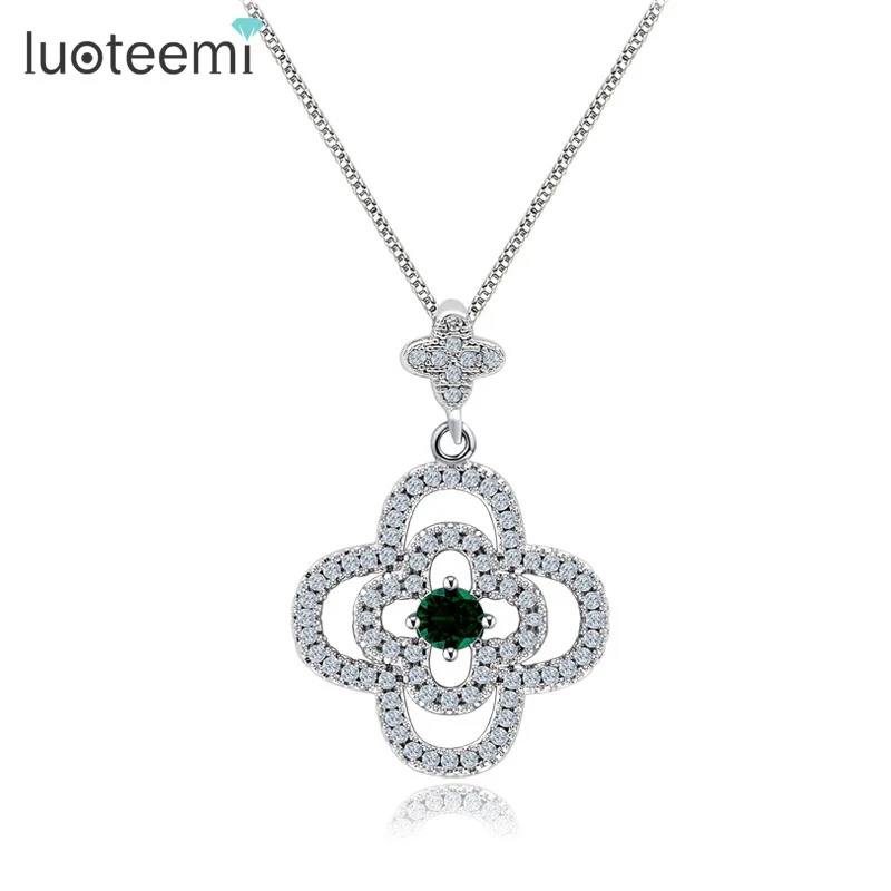 LUOTEEMI Girls Fully Tiny CZ Paved Lucky Clover Flower Pendant Necklaces For Women Wholesale White Gold