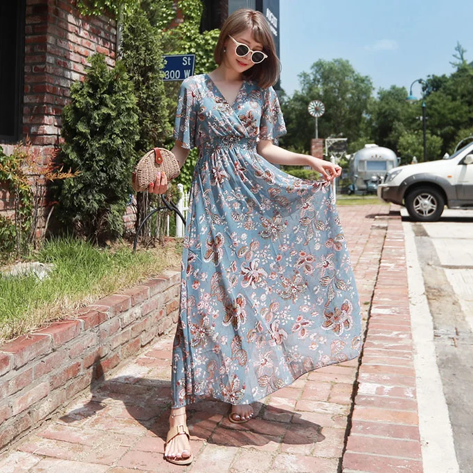 

Beach Dress Vestidos De Fiesta De Noche V Neck Vintage Bohemian Dress Woman Summer 2019 Print Ruffle Dress Robe Longue Femme