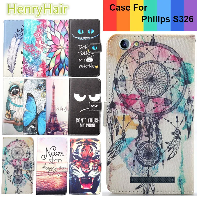 

Top Selling 11 Colors Cartoon Painting PU Leather Magnetic clasp Wallet Cover For Philips S326 Case