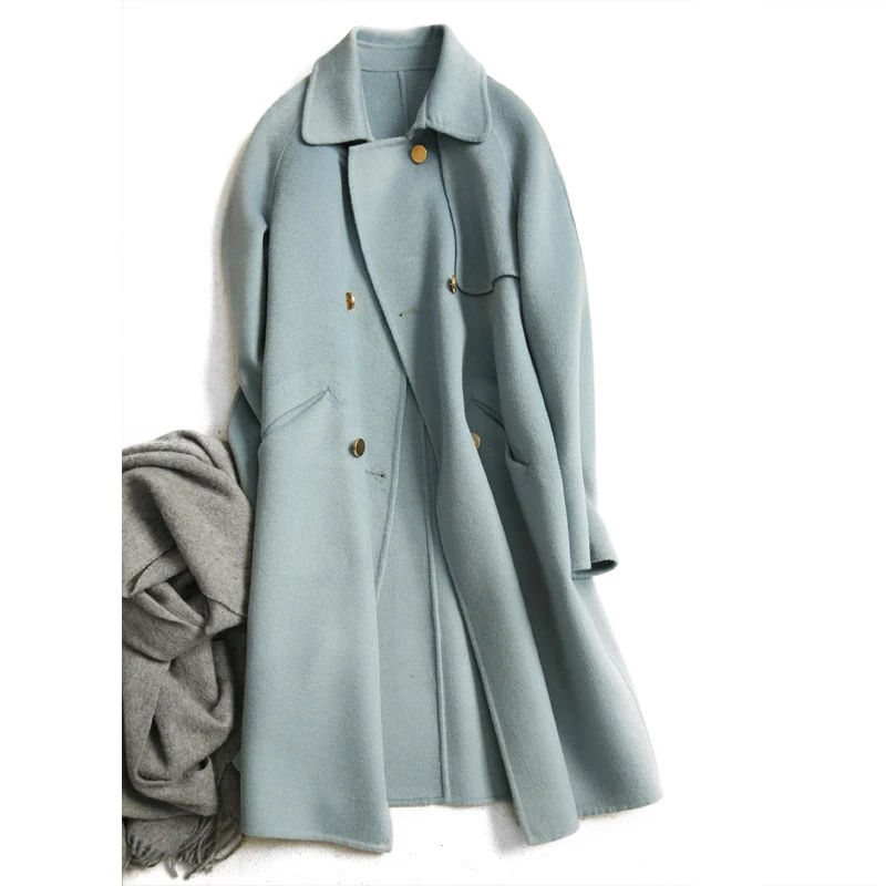 Шерстяное Женское пальто, длинное дикое шерстяное кашемировое пальто, Женское пальто средней длины на весну, осень, зиму, тонкая шерстяная верхняя одежда - Цвет: blue