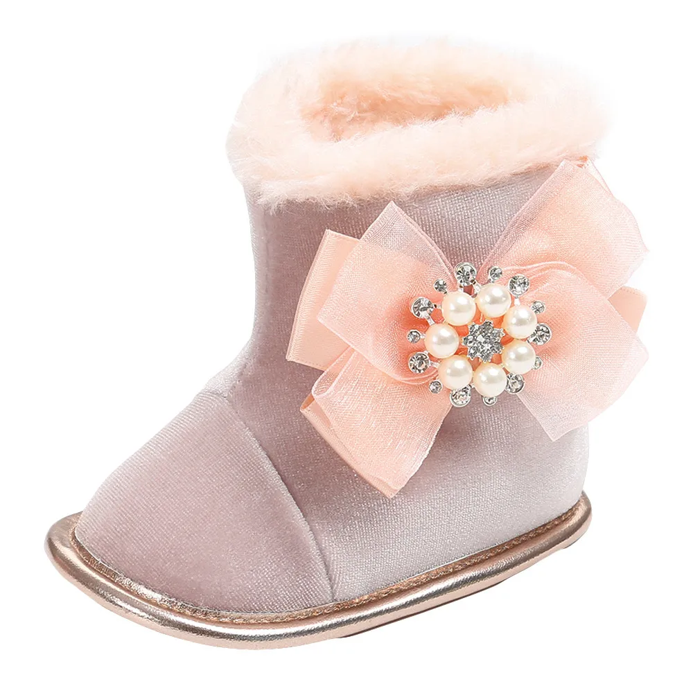 Горячая Распродажа; теплые плюшевые мягкие зимние ботинки с жемчужинами и цветами для маленьких девочек; мягкая обувь для кроватки; Прямая поставка; детская обувь