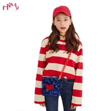 Летние корейские Ulzzang женские свободные полосатые футболки осенние женские футболки с длинными рукавами и круглым вырезом повседневные футболки женские топы