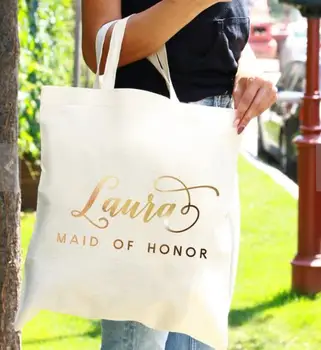 

personalize name gold wedding bride bridesmaid canvas Tote Bags, Bridal Party maid of honor proposal tote gift bags