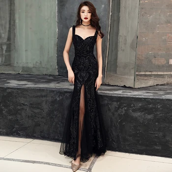 

Black Evening Dress Long Sparkle 2019 New Sweetheart Women Elegant Black Sequin Mermaid Maxi Evening Party Gown Dress LYFY65