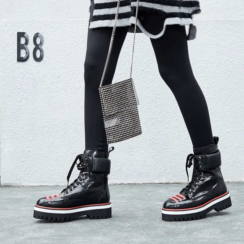 MoonMeek/ г., новые ботильоны женская обувь на плоской платформе со шнуровкой с круглым носком женские ботинки с перекрестной шнуровкой на осень-зиму Большие размеры