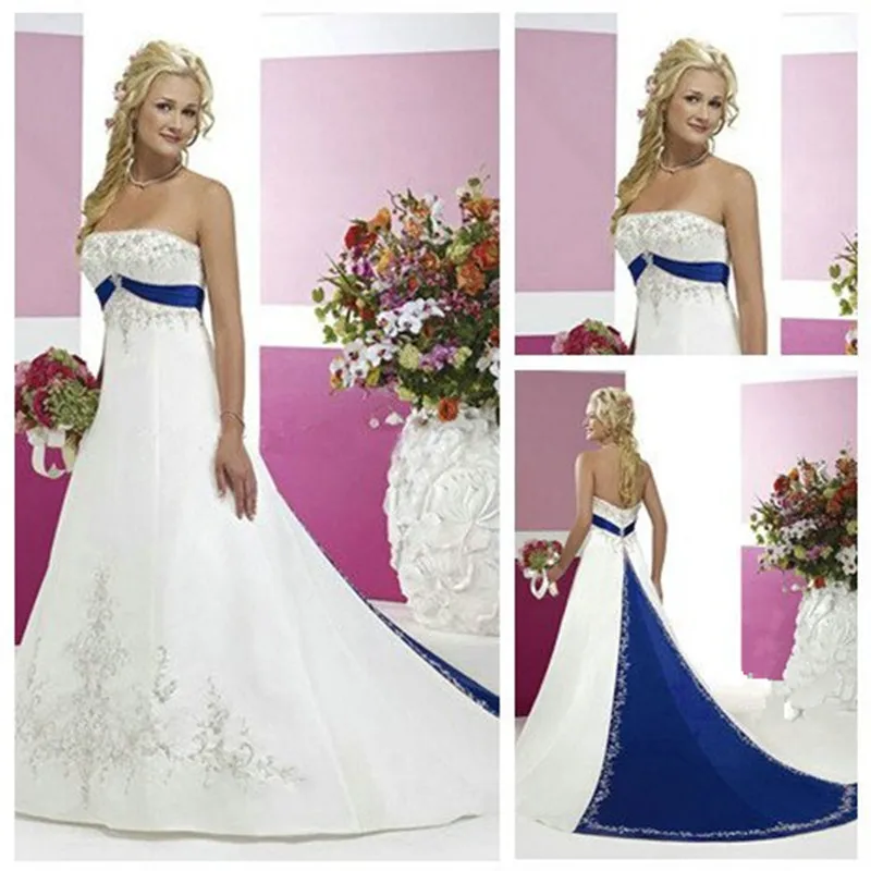 White Blue Satin Wedding Dress Sexy Strapless Backless