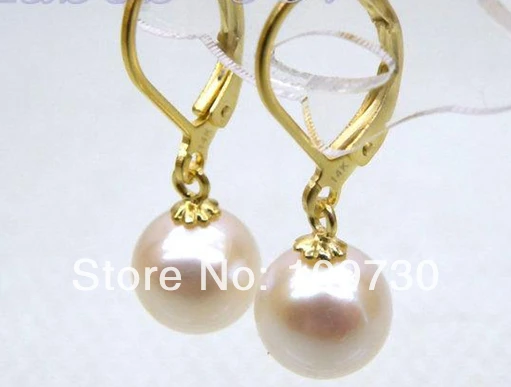 

ry00211 9.2mm perfect round white australia south sea pearl dangle earring solid 14K