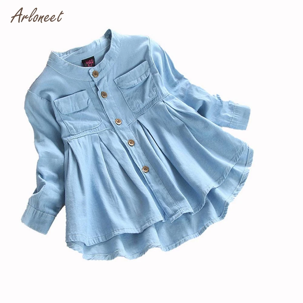 

ARLONEET kids dresses for girls Winte O-Neck Long sleeve button denim Party dress elegant princess for girls Clothing 2018