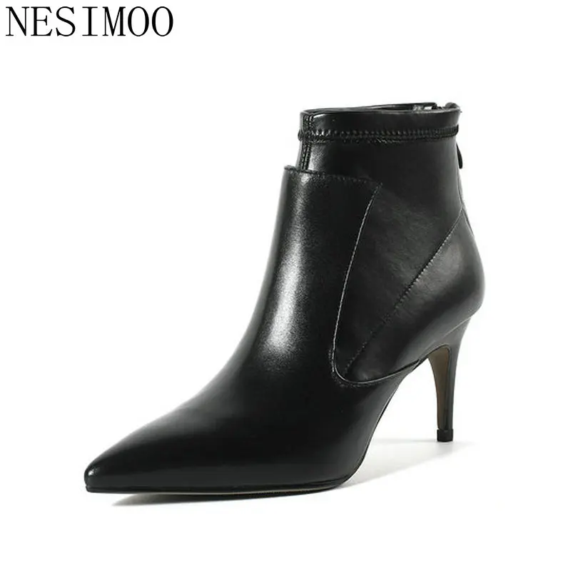 

NESIMOO 2019 Women Shoes Ankle Boots Thin High Heel Genuine Leather+PU Western Style Zipper Ladies Motorcycle Shoes Size 34-43