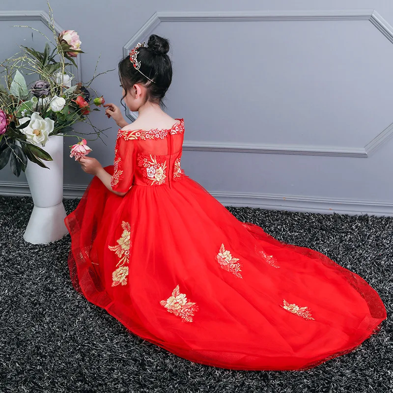 Детское платье; платье принцессы с длинным шлейфом; свадебное вечернее платье с цветочным узором для девочек; юбка-американка с вышивкой на плече; костюм ведущего