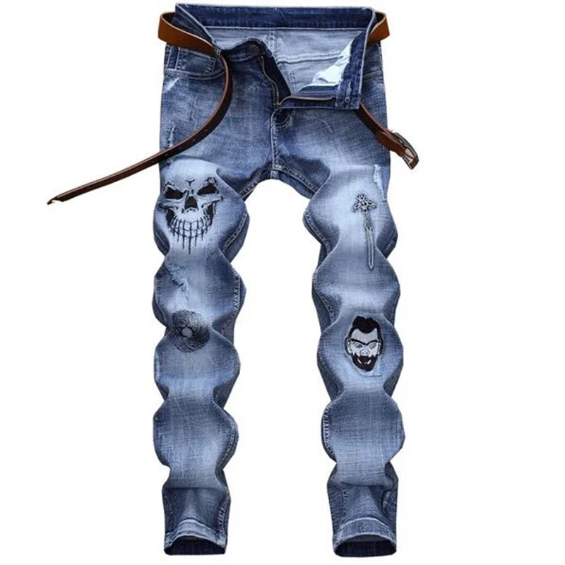 

Original street hop-hip fashion jeans Worn out, embroidered soft men denim slim light blue jeans 2019 new