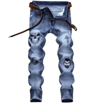 

Original street hop-hip fashion jeans Worn out, embroidered soft men denim slim light blue jeans 2019 new