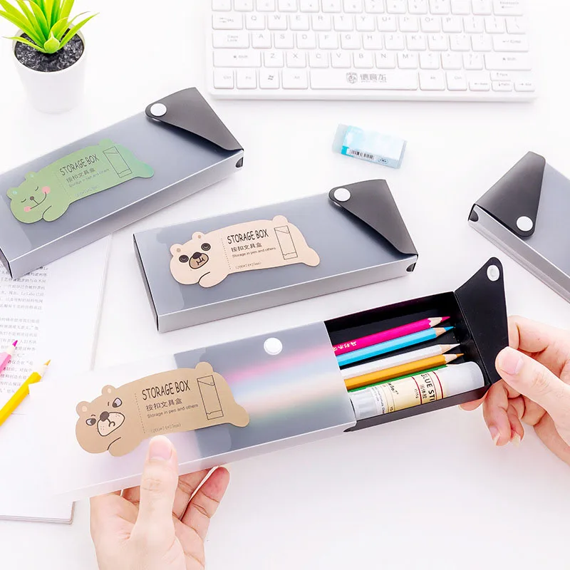 

1pc 2.5*7.5*20cm Snap-fastener Cute Bear Frosted PVC Plastic Pencil Case Pen Box Storage Box Kids Gift Office School Supply