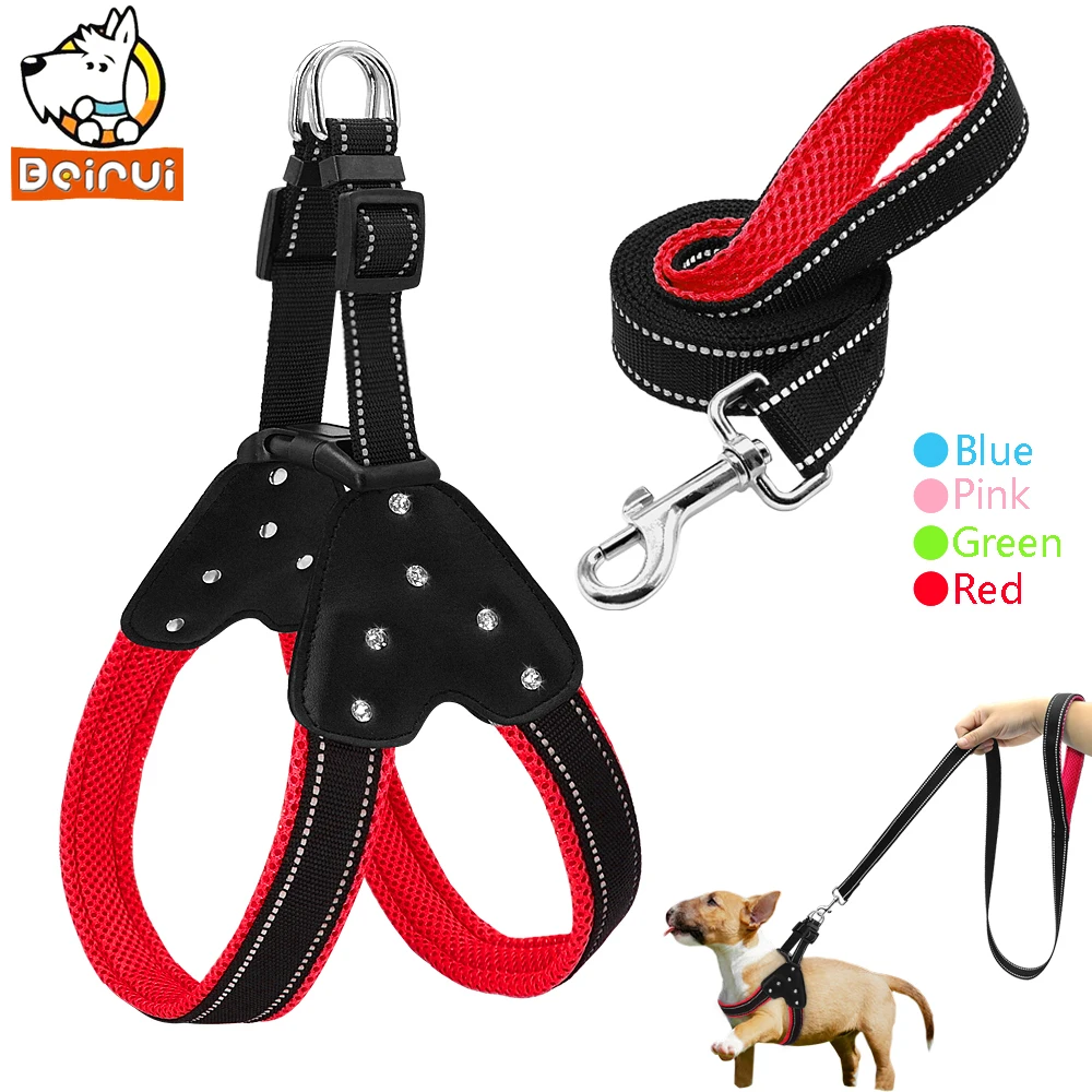 Reflective Mesh Dog Harness and Leash Set Nylon Step In Rhinestone Pet