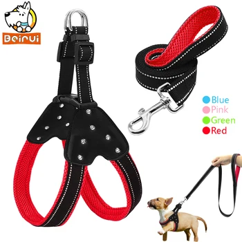 

Reflective Mesh Dog Harness and Leash Set Nylon Step In Rhinestone Pet Harnesses Leashes for Small Medium Dogs Pitbulls