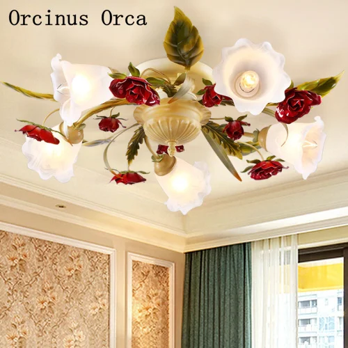 

Korean Rural Rose ceiling lamp Living Room Restaurant European Romantic LED Tieyi Flower ceiling lamp free shipping