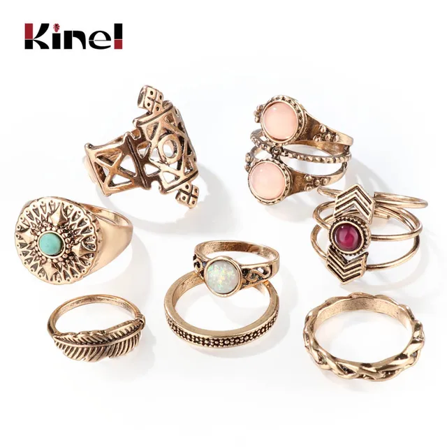 Kinel New Arrivals 8Pcs/Sets Opal Midi Ring For Women Antique Gold Beach Finger Kinel New Arrivals 8Pcs/Sets Opal Midi Ring For Women Antique Gold Beach Finger