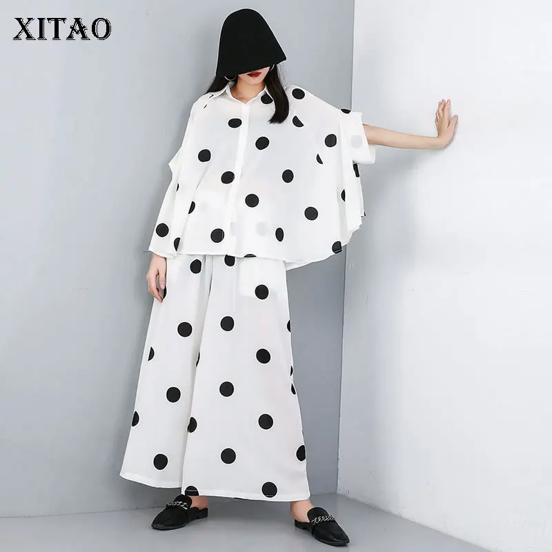 

XITAO Two Piece Set Cross Border 2019 Summer Wave Point Cardigan Black Suit Personality Top Large Size Wide Leg Pants WLD1384